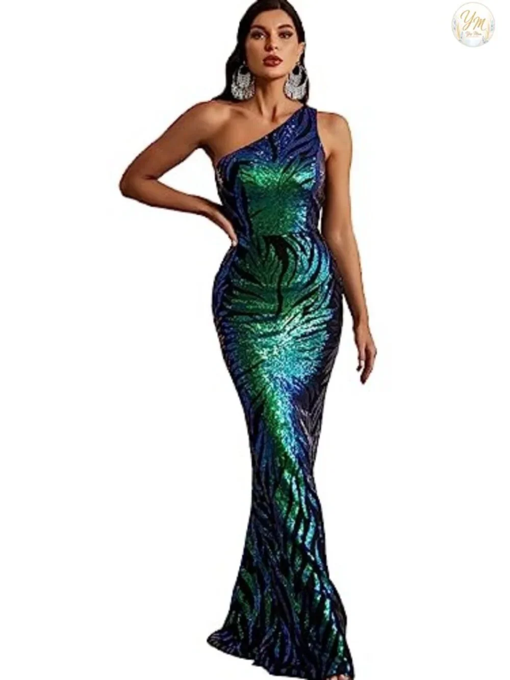 Women's One Shoulder Sequin Evening Gown Formal Prom Maxi Dress
